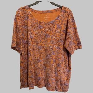 J. Jill Pima Cotton Slub Tee Top Apricot Paisley Side Slit Boho Artsy Size L